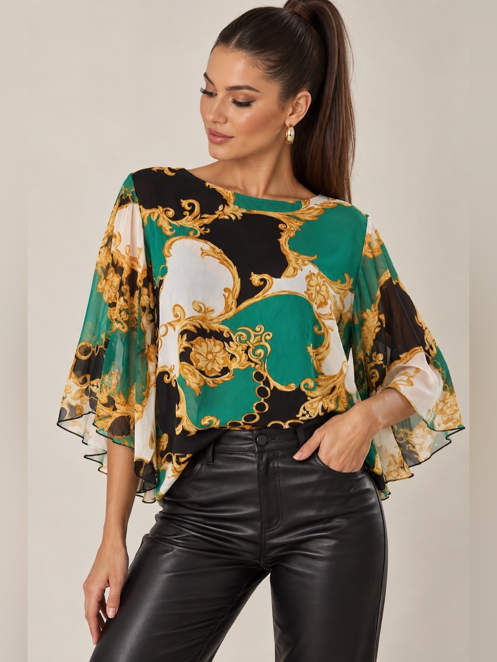 Elegant Green & Black Scarf-Print Blouse